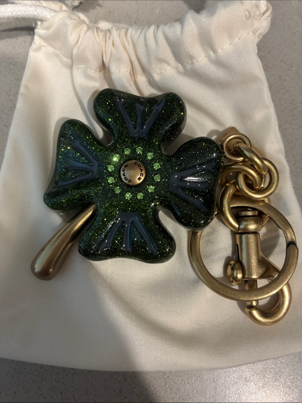 Coach Green Glitter Flower Keychain with Gold-Tone Hardware